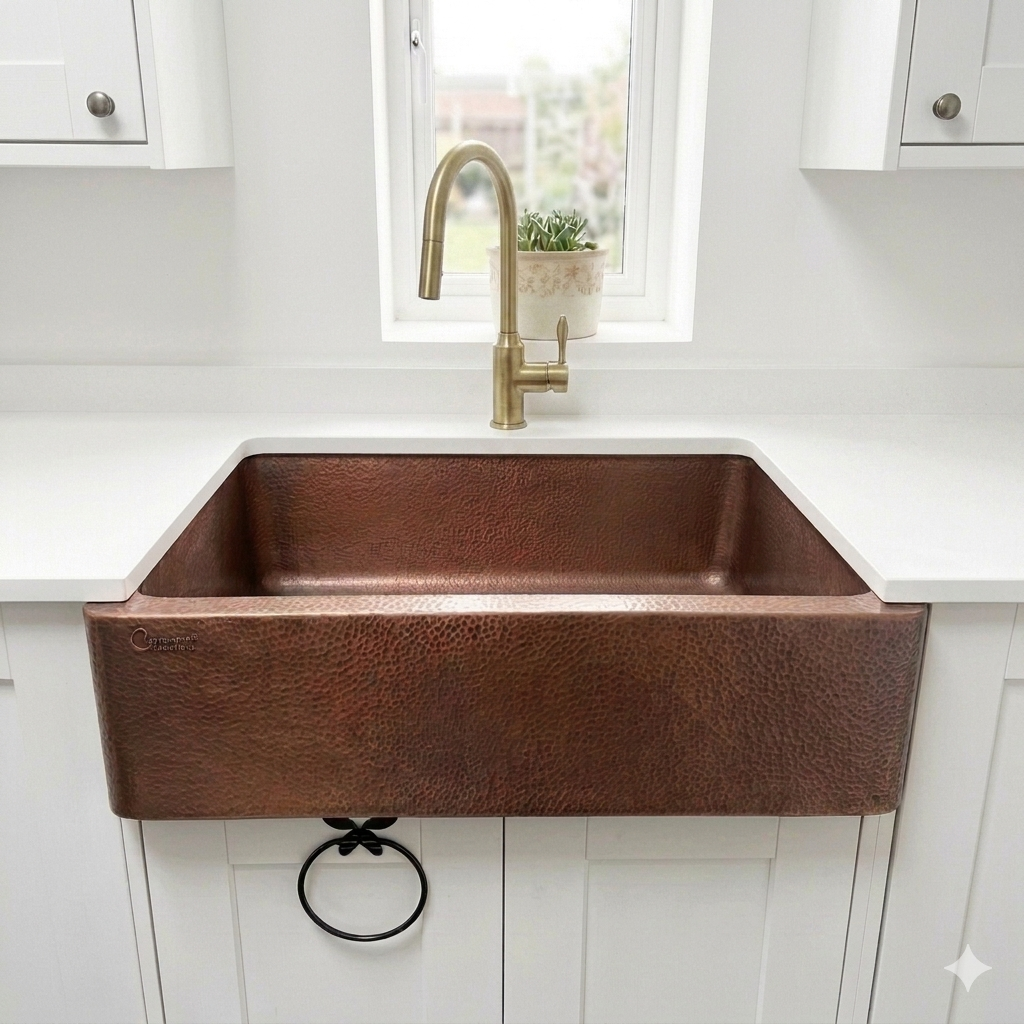 Handcrafted Hammered Copper Single Bowl Kitchen Sink – Living Finish Apron Front Sink