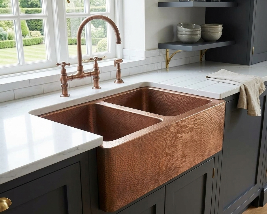 A hammered copper farmhouse double-bowl sink installed in a kitchen with dark charcoal cabinets, white countertops, and a copper bridge faucet.