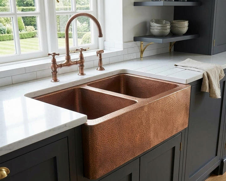 A hammered copper farmhouse double-bowl sink installed in a kitchen with dark charcoal cabinets, white countertops, and a copper bridge faucet.