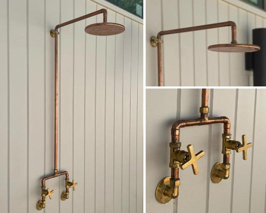 Handcrafted Unlacquered Solid Copper Outdoor Shower - 8" Rainfall Head