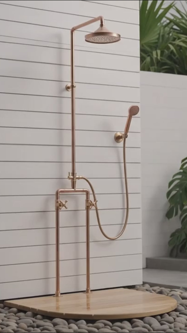 Floor Mounted Solid Copper Outdoor Shower with 8" Rainfall Head &amp; Solid copper Handheld combo