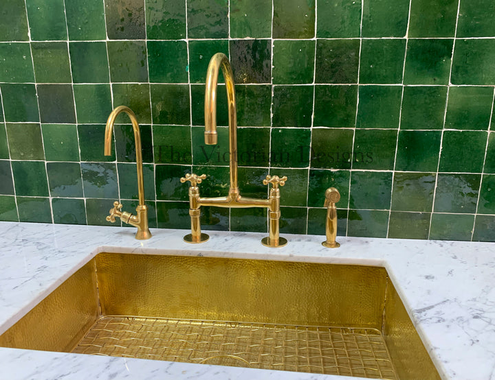 UNLACQUERED BRASS BRIDGE FAUCET - ANTIQUE BRASS KITCHEN FAUCET - Triazadesigns